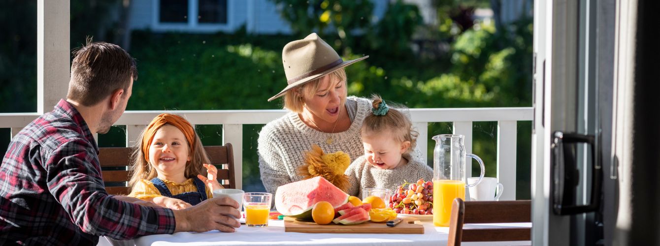 family on cabin deck